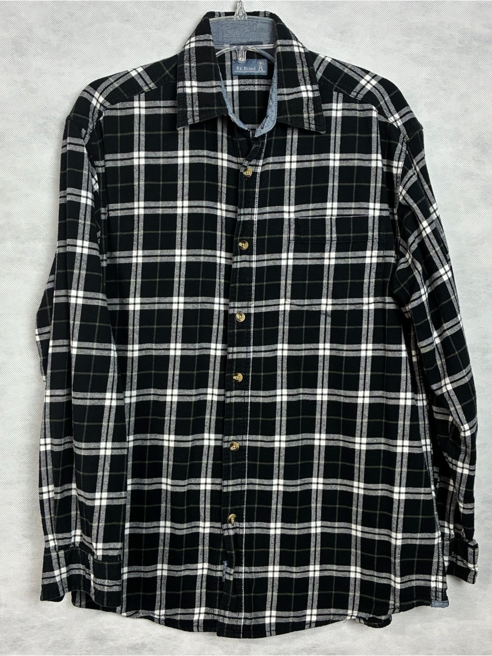 RK Brand Flannel Work Shirt Mens LT Plaid Black White Workwear Rural King